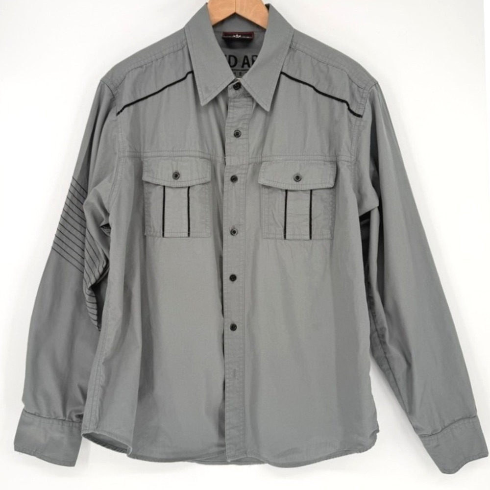 Red Ape Mens Grey Long Sleeve Button Down Lion Patch Street M Y2K Urban Grunge